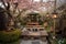 cherry blossom garden, with wooden bench and lanterns for a tranquil setting