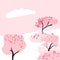 Cherry blossom trees in park, pink spring blooming sakura. Hanami festival. Vector illustration with blank copyspace