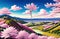 Cherry Blossoms Pink Flowers Springtime trees. Fantasy Illustration Painting