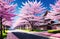 Cherry Blossoms Pink Flowers Springtime trees. Fantasy Illustration Painting