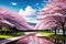 Cherry Blossoms Pink Flowers Springtime trees. Fantasy Illustration Painting