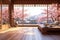 Cherry blossoms in a traditional wooden Japanese style house AI Generated
