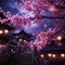 Cherry blossoms, wooden steps of Russian lam temple. At night. Chinese New Year celebrations