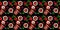 Cherry cake, roses and a cup of tea on a black background. Top view, seamless pattern with sweet food