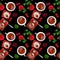 Cherry cake, roses and a cup of tea on a black background. Top view, seamless pattern with sweet food