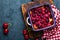 Cherry casserole with fresh berries, cheesecake