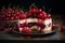 Cherry cheesecake slice with a luscious topping on a plate with scattered cherries over dark moody background