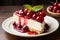 Cherry cheesecake slice topped with fresh cherries and drizzled with cherry syrup, with a mint leaf on top, on a white plate