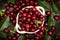 cherry cherries bowl with leaves on wooden desktop table. water drops on Fresh sour cherry