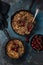 Cherry and chocolate crumble pie on cast iron pan