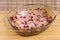 Cherry clafoutis in glass casserole pan on the wooden surface