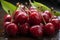 Cherry close up. Organic ripe cherries on a brown table. Generative AI