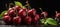 Cherry close up. Organic ripe cherries on a brown table. Generative AI
