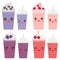 Cherry Cranberry Blueberry Blackberry Take-out smoothie transparent plastic cup with straw and whipped cream. Kawaii cute face wit