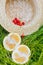 Cherry and cuted citrus fruits with straw hat lying on the grass outdoors. Picnic on nature in the park close up healthy food,