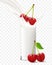 Cherry falling in a glass of milk or yogurt. Sweet milk splashes. Fruit milkshake advertising banner, yogurt jet, flying drops,