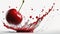 Cherry, falling, in a red liquid, on a white background.