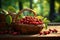 Cherry filled basket sits on a table in a thriving orchard