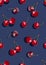 Cherry fruits seamless pattern on navy blue background, Fresh organic food, Red fruits berry pattern.