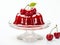 Cherry jelly on a glass stand for dessert with whole cherries above on white background