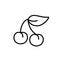 Cherry. Linear icon of twig with two sweet berries and leaf. Black simple illustration of summer harvest, gardening. Contour