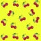 Cherry low poly seamless pattern. Picture with polygonal berry on the yellow background.
