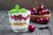 Cherry, muesli and yogurt dessert in glass, cherry verrine