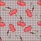 Cherry pattern on white and cocoa check background with leaves