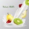 Cherry, pear and kiwi with a splash of milk. 3d realistic vector