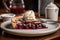 cherry pie being served on bistro-style plate, with dollop of whipped cream and a sprinkle of cinnamon