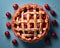 cherry pie with lattice on blue background