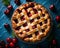 cherry pie with lattice on blue background