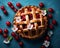 cherry pie with lattice on blue background top view