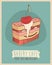 Cherry. Piece of cake (Happy Birthday card) sweet cupcakes illustration, engraved retro style, hand drawn