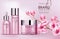 Cherry pink cosmetics brand. Set of bottles with essence, face cream, lotion. Product placement. Cherry blossom. Covered