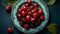 Cherry on plate. Cherries still life photography. Top view. Rustic style. Fruit Background. AI generated