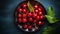 Cherry on plate. Ripe cherries. Sweet red cherries. Top view. Rustic style. Fruit Background