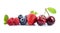 Cherry, raspberry, blueberries, strawberry in close up on white backgrounds