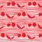Cherry silhouette seamless pattern for fabric design. Red cherries wallpaper on stripes background