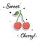 Cherry sticker. Fashion patch element with quote Sweet cherry concept