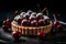 Cherry tart with dollop of whipped cream on a sleek black plate on dark background, generative AI