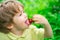 Cherry taste. The boy eats summer fruits. Cherry season. Fruits and berries for children.