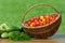 Cherry tomatoes in basket and other vegetable.