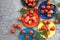 Cherry tomatoes on the Colorful copper on concrete background. Space for text selective focus.