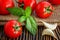 Cherry tomatoes, garlic and basil over wooden table backgroun