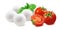 Cherry tomatoes, green basil, mozzarella bocconcini isolated on white background