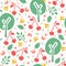 Cherry tree orchard seamless vector pattern background. Hand drawn tossed red cherries paper cut out. Matisse style. Fruit garden