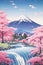 Cherry trees and lake under Mount Fuji, clear cloudy sky at dusk, super realistic