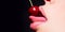 Cherry in woman mouth. Cherries on woman lips. Tongue lick cherry, macro, close up. Mouth lick cherry.