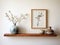 Cherry Wood Floating Shelf with Antique Frames and Ceramic Vases - AI Generated